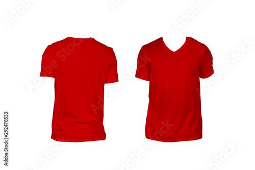 Front and back views of Red V-Shirt isolated on white background. Mock up.