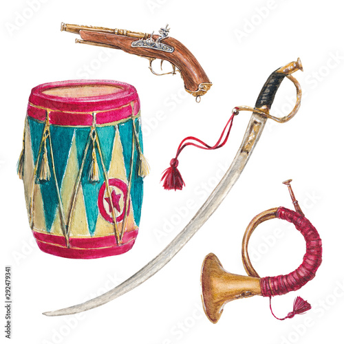 Seamless pattern drum and ancient weapon, military parade
