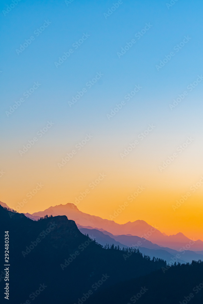 Beautiful sunrise background, Silhouette mountain style - obrazy, fototapety, plakaty 