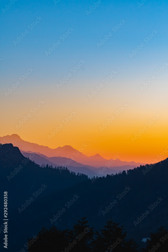 Beautiful sunrise background, Silhouette mountain style