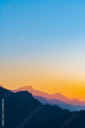 Print op canvas Beautiful sunrise background, Silhouette mountain style