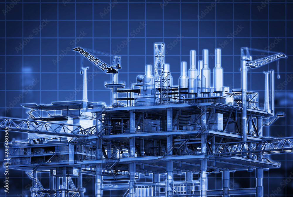 Blue screen digital scan oil rig building,3D rendering