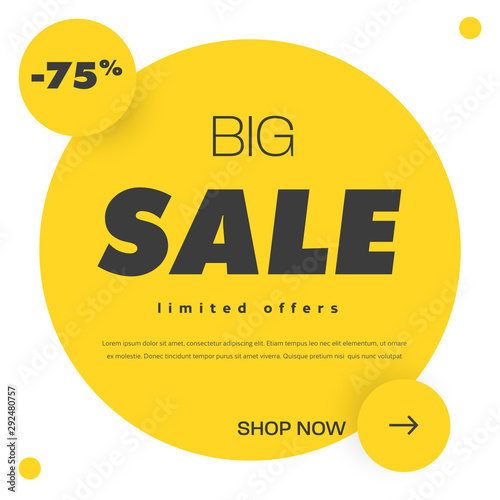 Vector square design banner with circle, arrow button and 75% discount.