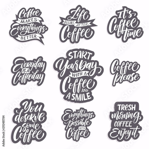 Hand drawn coffee related popular quotes set. Handwritten lettering design elements for cafe decoration and shop advertising