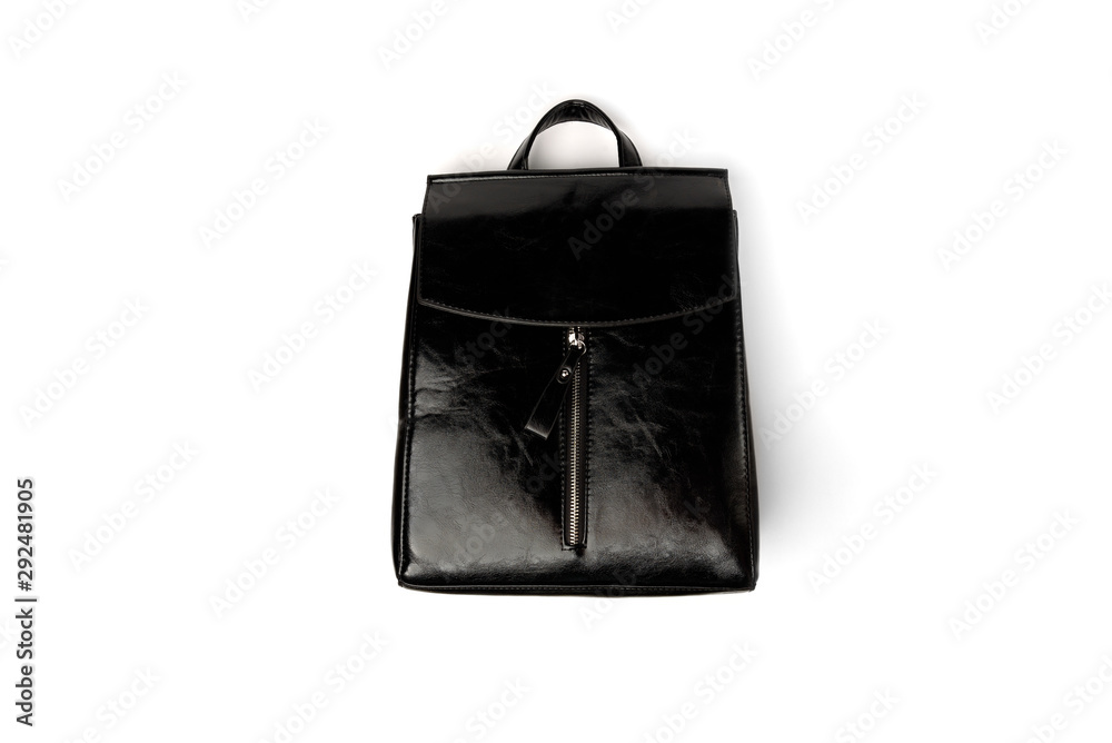 Naklejka premium Black leather backpack isolated on white background.