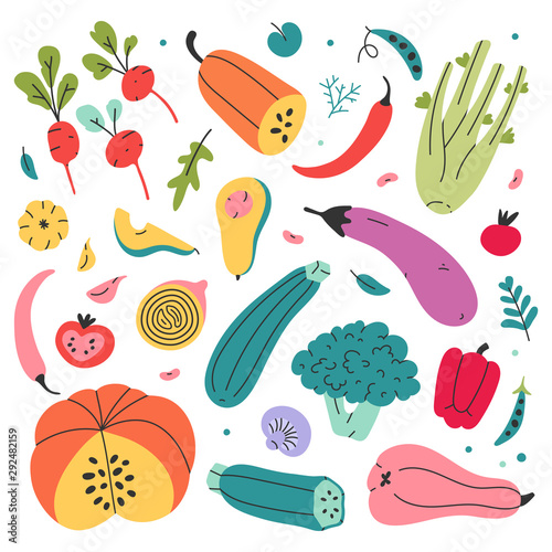 Set of hand drawn colored doodle illustrations of vegetables isolated. Sketch style flat vector collection. Bundle of flat vegetables flat icons set: celery, pumpkin, squash, zucchini and bell pepper.