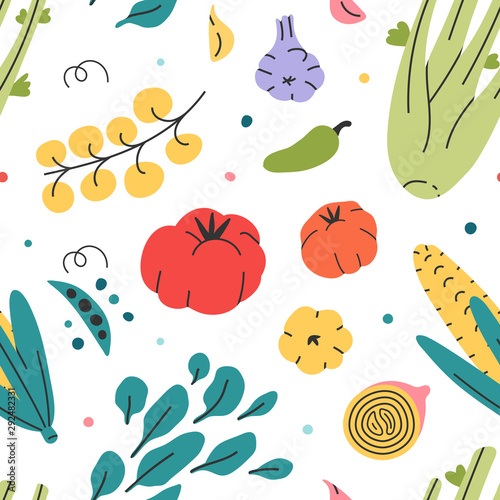 Different veggies seamless vector pattern of hand drawn fresh tasty vegetarian raw food. Repeat wallpaper with cooking fresh tasty organic vegetables for cooking book, menu or textile fabric print.