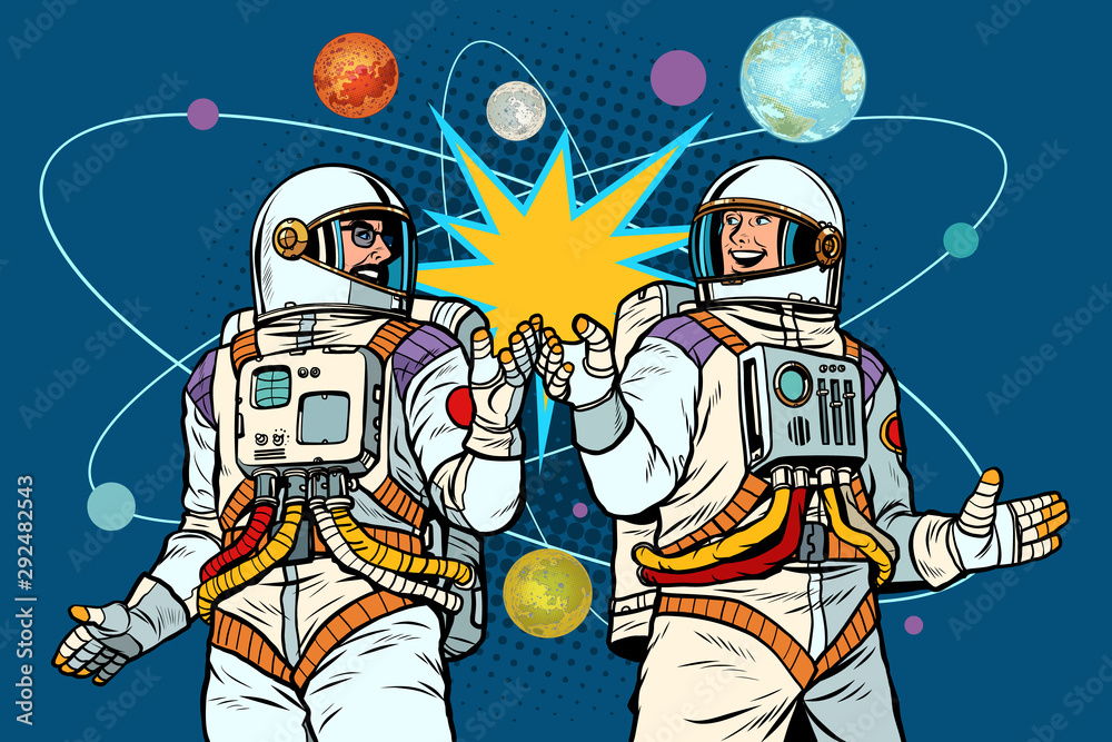 Fototapeta premium Cosmonautics day. Two astronauts together