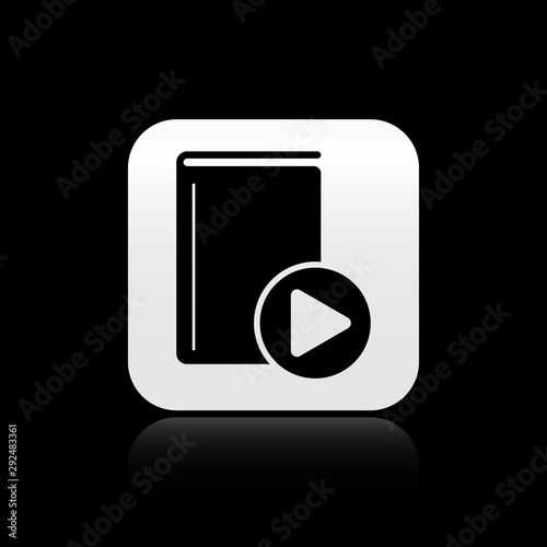 Black Audio book icon isolated on black background. Play button and book. Audio guide sign. Online learning concept. Silver square button. Vector Illustration