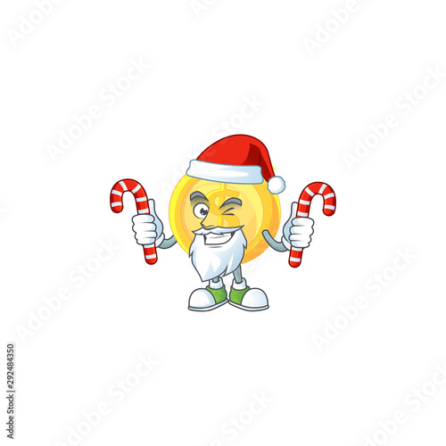 Santa with candy gold coin cartoon character mascot style