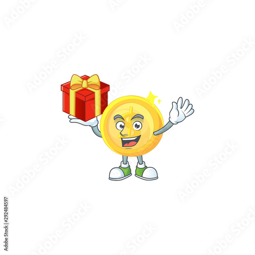 Bring gift gold coin cartoon character mascot style