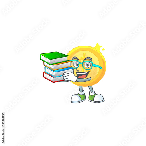 Student with book gold coin cartoon character mascot style