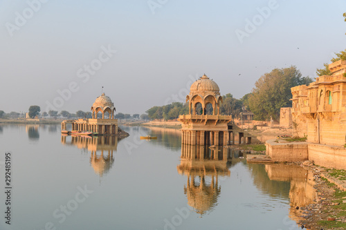 Gadisar lake in the morning. Man-made water reservoir with temples in Jaisalmer. India