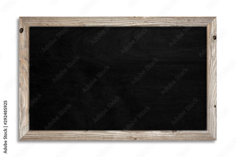 A black chalkboard on a white background and a wooden frame with clipping path . Promotion and details concept A black chalkboard on a white background and a wooden frame with clipping path . Promotion and details concept