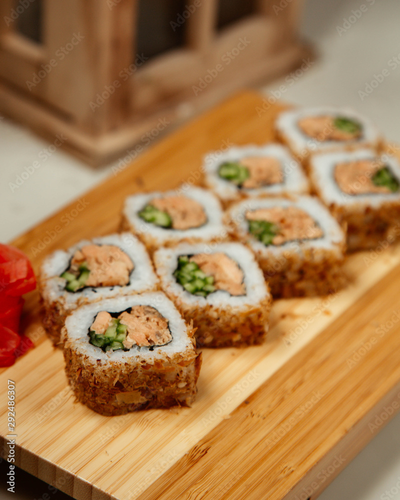 Sushi roll set with salmon