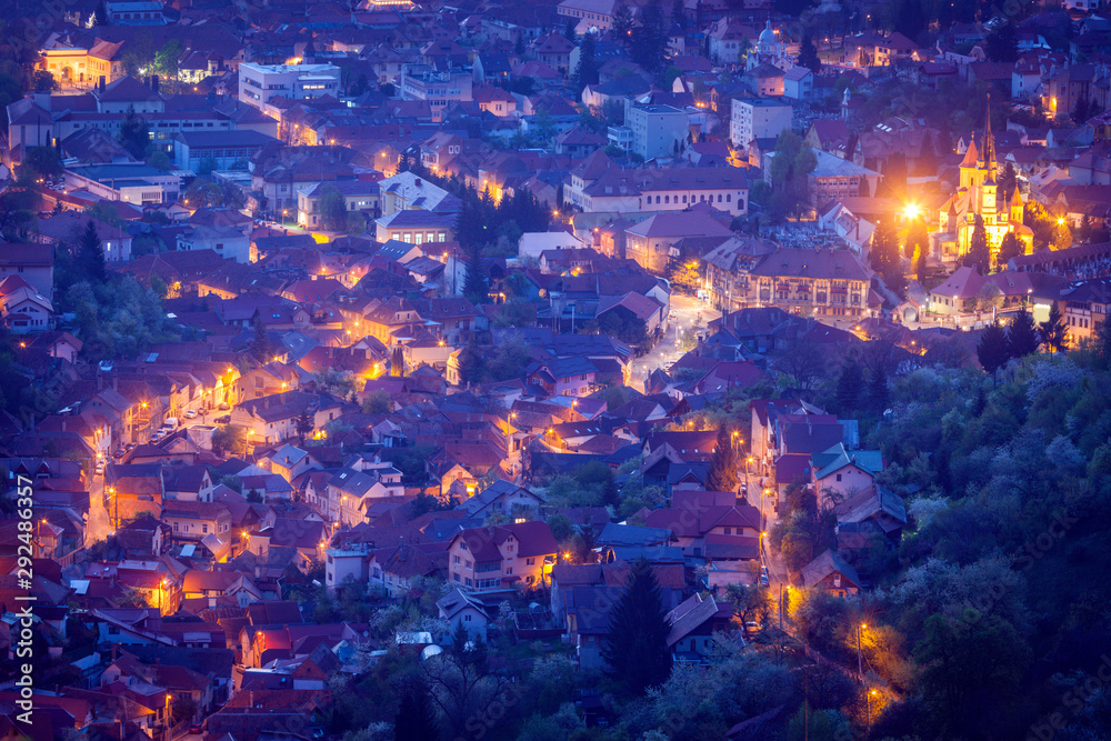 Aerial panorama of Brasov at dawn