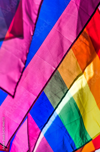 Close-up of several rainbow flags during Rotterdam pride creating an abstract and colorful pattern