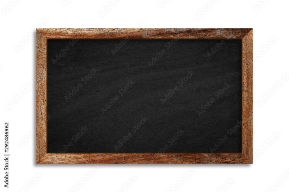 A black chalkboard on a white background and a wooden frame with clipping path . Promotion and details concept A black chalkboard on a white background and a wooden frame with clipping path . Promotion and details concept