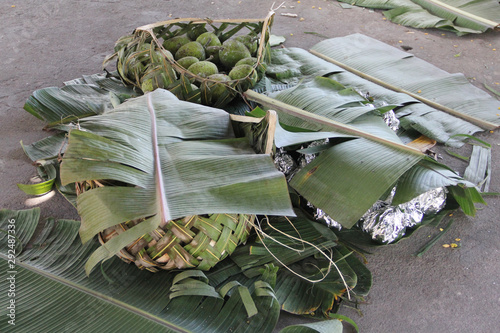 Breadfruit is a very large evergreen tree found in Samoa. This is a subsistence food in line with other tropical staples such as rice and taro. Demonstration of breadfruit cooking at Cultural village. photo