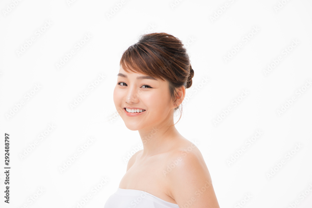 Closeup portrait of attractive asian woman with fair perfect healthy glow skin isolated on white, Closeup portrait of attractive asian woman with fair perfect healthy glow skin isolated on white,