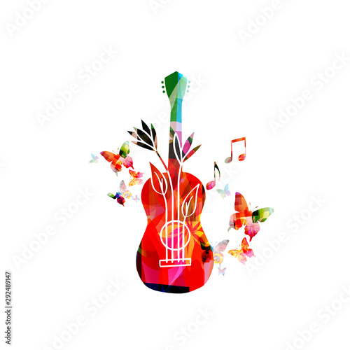 Colorful guitar with music notes isolated vector illustration design. Music background. Guitar poster with music notes, festival poster, live concert events, party flyer