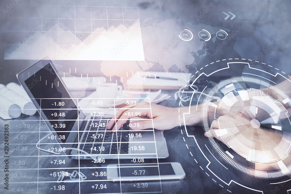 Double exposure of forex chart with man working on computer on background. Concept of market analysis. Double exposure of forex chart with man working on computer on background. Concept of market analysis.