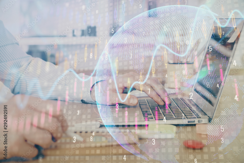 Multi exposure of stock market graph with man working on laptop on background. Concept of financial analysis. Multi exposure of stock market graph with man working on laptop on background. Concept of financial analysis.