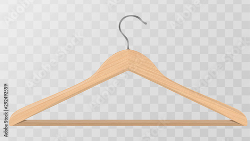 Realistic vector clothes coat wooden hanger close up isolated on transparency grid background. Design template, clipart or mockup for graphics, advertising etc