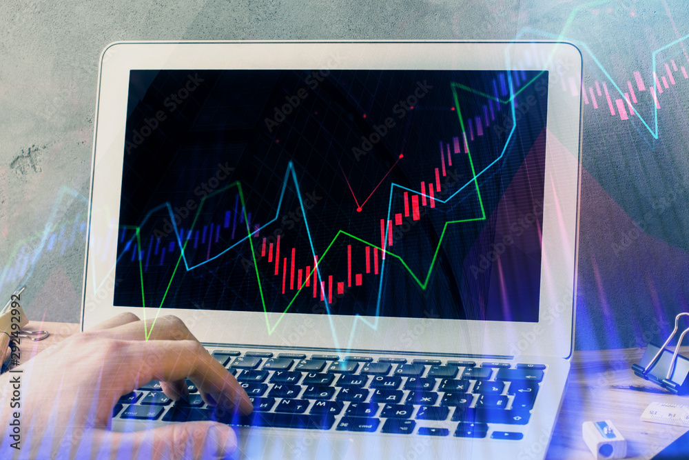 Forex graph with businessman working on laptop on background. Concept of hardworking. Multi exposure. Forex graph with businessman working on laptop on background. Concept of hardworking. Multi exposure.