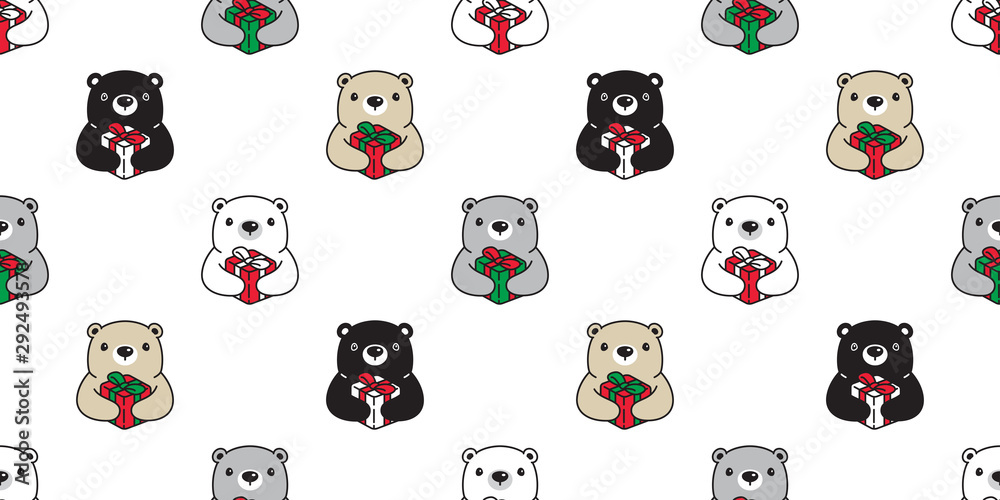 Obraz premium Bear seamless pattern Christmas vector polar bear Gift box Santa Claus hat scarf isolated cartoon repeat background tile wallpaper illustration doodle design