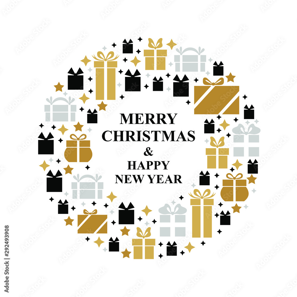 Vector illustrations of Christmas greeting card with a round frame from gifts