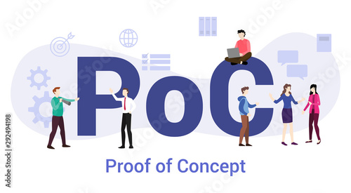 poc proof of concept with big word or text and team people with modern flat style - vector photo
