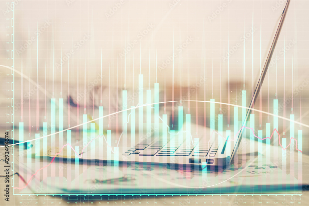Forex Chart hologram on table with computer background. Double exposure. Concept of financial markets.