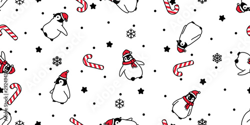 penguin seamless pattern Christmas vector Santa Claus hat candy cane scarf isolated repeat wallpaper tile background cartoon character illustration design