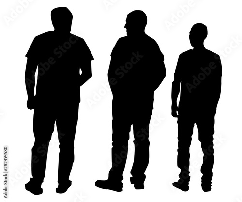 Vector illustration of three men sillouettes on the white background. Vector cartoon realistic people illustartion. Front view man, Side view man, Back side view man