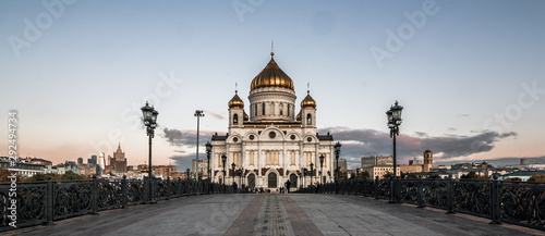 Cathedral of Christ the Saviour in Moscow, Russia. Amazing view on white orthodox temple with golden domes in the morning. Tours to Russia