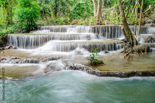 Travel to the beautiful waterfall in tropical rain forest, soft water of the stream in the natural park at Huai Mae Khamin Waterfall in Kanchanaburi, Thailand. © TeTe Song