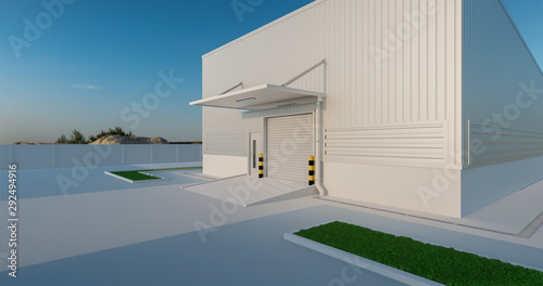 Commercial or industrial facade. That is a property use as factory, warehouse, hangar or workplace. Modern exterior design with roller door and metal wall. Stone brick paving at outdoor. 3d render. © DifferR