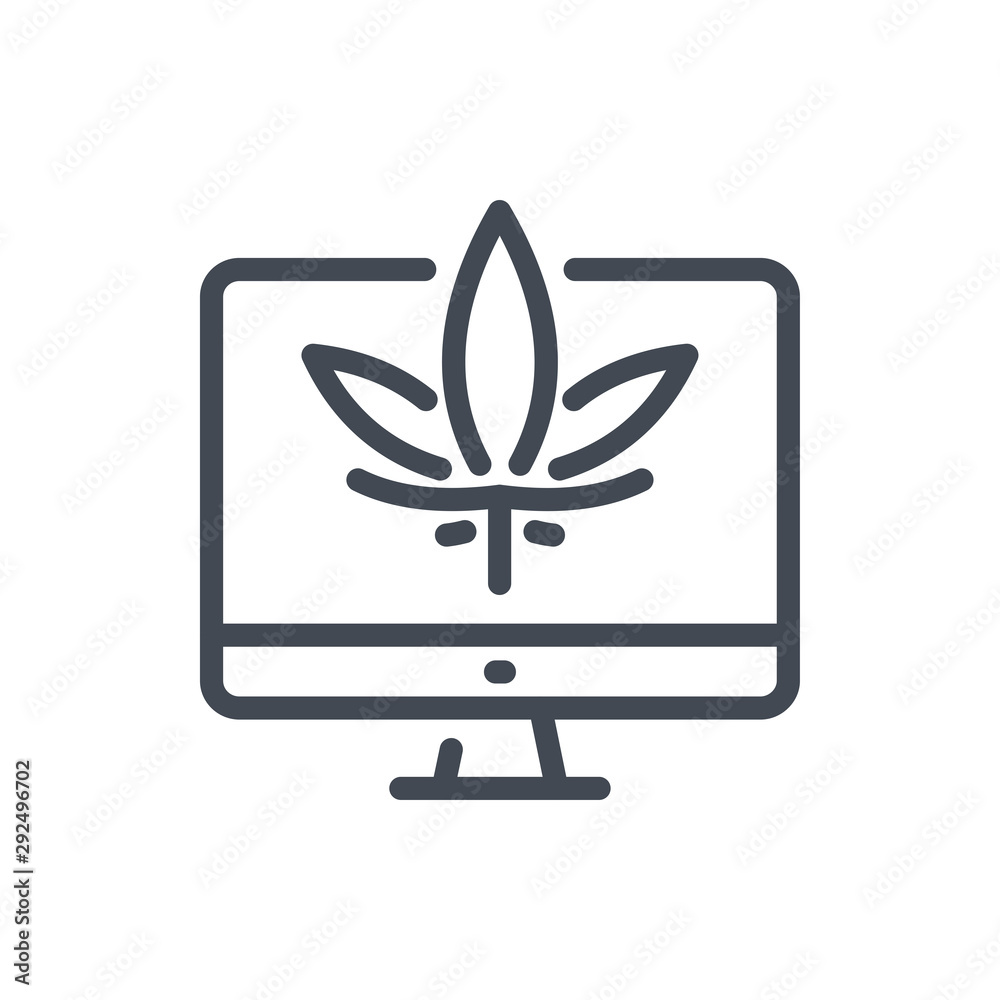 Online order of cannabis line icon. Computer with marijuana leaf vector outline sign. Online order of cannabis line icon. Computer with marijuana leaf vector outline sign.