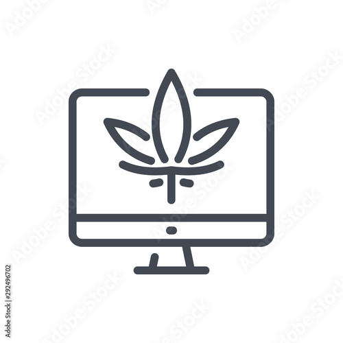 Online order of cannabis line icon. Computer with marijuana leaf vector outline sign.
