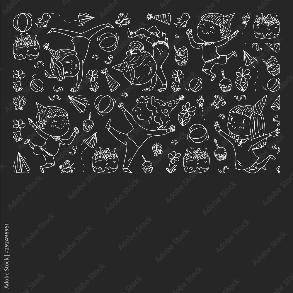 Vector illustration in cartoon style, active company of playful preschool kids jumping, at a party, birthday. monochrome chalk drawing on blackboard. Vector illustration in cartoon style, active company of playful preschool kids jumping, at a party, birthday. monochrome chalk drawing on blackboard.