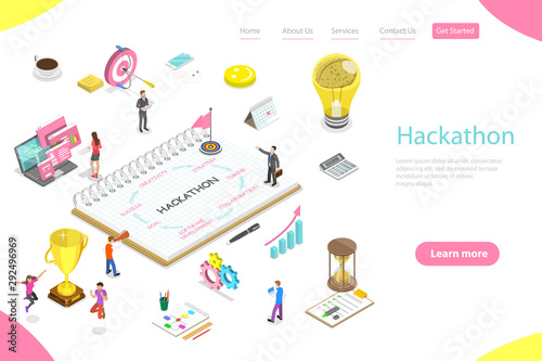 Isometric flat vector landing page template of parts of hackathon which are creativity, strategy, timing, collaboration, software development, goal, success.