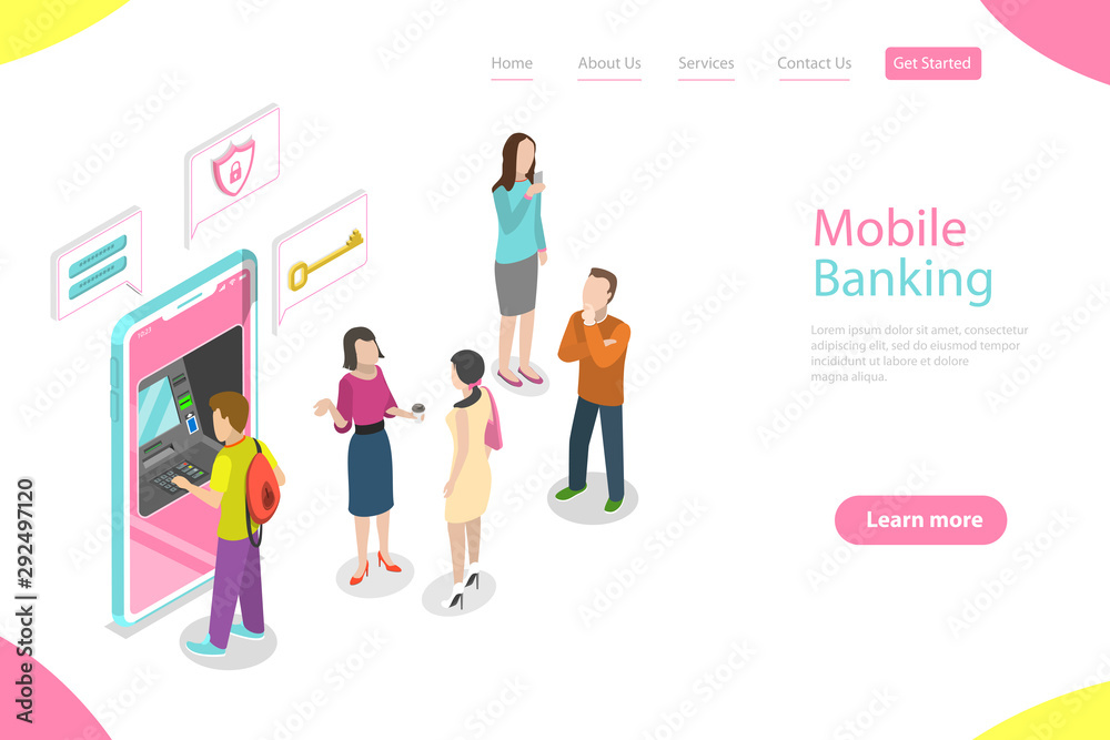 Isometric flat vector landing page template of mobile banking, protected money transaction, secure online shopping, bill payment. Isometric flat vector landing page template of mobile banking, protected money transaction, secure online shopping, bill payment.