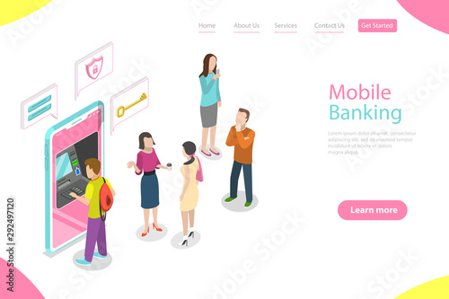 Isometric flat vector landing page template of mobile banking, protected money transaction, secure online shopping, bill payment.