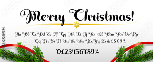 Inscription Merry Christmas! Set of handwritten uppercase and lowercase latin alphabet letters, numbers. White background with spruce branches, ribbon as decoration. Cursive font.