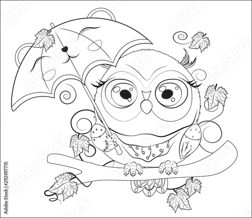 Coloring book owl with umbrella