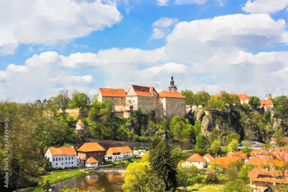 Bechyne castle, Czech Republic - Watercolor style.