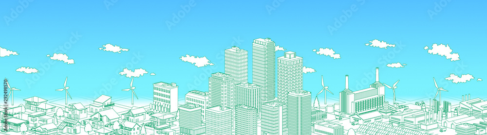 Urban, residential and factory isometric line drawing green and blue sky