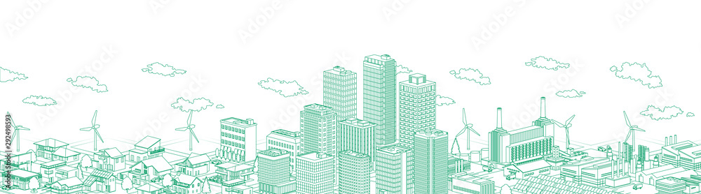 Urban, residential and factory isometric line drawing green