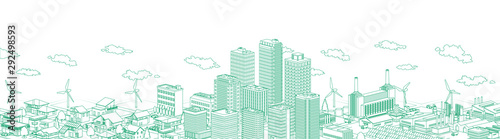 Urban, residential and factory isometric line drawing green